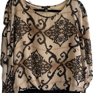 Alfani Beige Blouse with Black Medallion Print